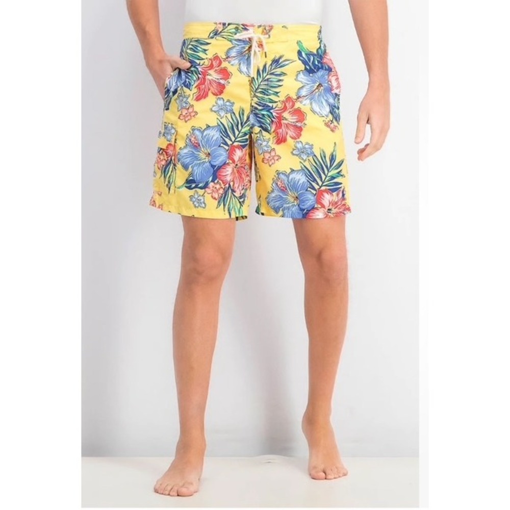 Polo Ralph Lauren Mens Yellow Tropical Hibiscus Floral Swim Trunks Board Shorts